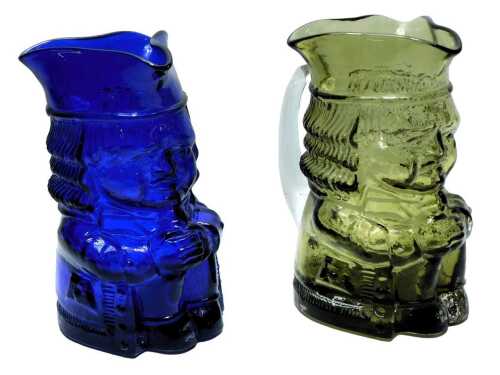 Two Whitefriars glass Toby jugs, in Bristol blue and pale green, each 18cm high.