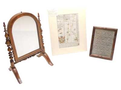 After Owen and Bowen. Double sided map of the road from Royston to Stamford via Huntingdon and Stilton, circa 1720, hand coloured, 18cm x 12cm, together with a 19thC walnut and line inlaid swing frame miniature mirror, 27cm high, and an oak frame on strut