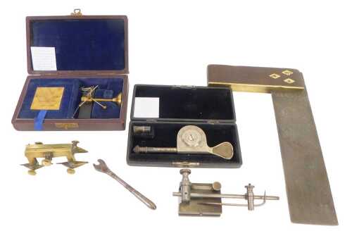 A John Nesbitt Ltd yarn balance, in fitted case, together with an LS Starrett stop motion counter, a watch maker's depthening tool, etc. (1 tray)