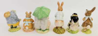 A group of Royal Albert Beatrix Potter figures, comprising Tommy Brock, Peter with Daffodils, Babbitty Bumble, Mrs Flopsy Bunny, Goody and Timmy Tiptoes and Old Mr Bouncer. - 2