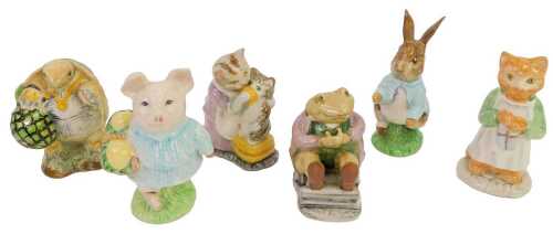 A group of Beswick Beatrix Potter figures, comprising Mr Alderman Ptolemy, Tabitha Twitchit and Miss Moppet, Peter Rabbit, Ginger, Little Pig Robinson, and Mr Jackson.