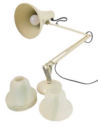 A Herbert Terry and Sons Ltd Anglepoise lamp, in cream, 87cm high, stamped, together with five frosted glass light shades.