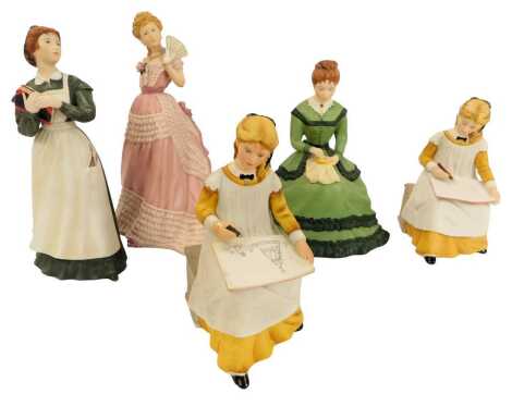 Four Franklin bisque porcelain figures from Little Women, designed by Tasha Tudor, comprising Jo, 19.5cm high, Meg and Amy (2), together with a Wedgwood porcelain figure from The Gallery of English Costume Collection, Enchanted Evening, 21cm high.