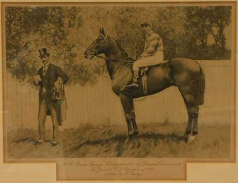 Early 20thC School. Equestrian related print depicting Mr C Bower Ismay's Craganour by Desmond Veneration II, The Juvenile Turf Champion of 1912 written by W Saxby, 26cm x 37.5cm.