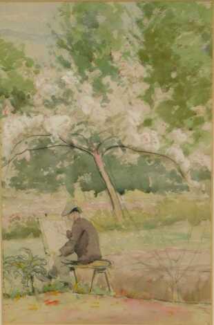 Franklin White (early 20thC School). Self-portrait study depicting an artist at an easel in a landscape setting, watercolour, Studio stamp to verso, 31cm x 19cm.