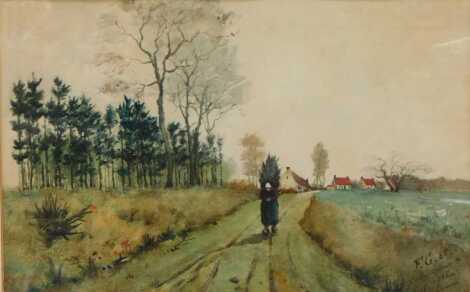 19thC School. Figure on a country path before buildings, watercolour, initialled FG and dated 85, 19cm x 30cm.