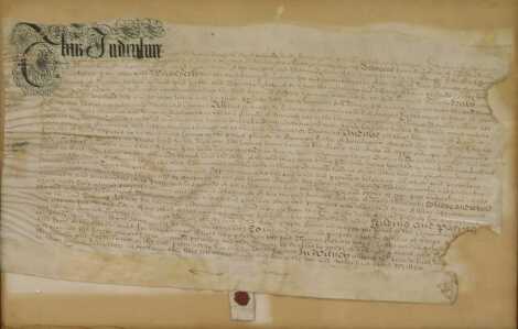 An 18thC indenture, County of Warwick, relating to a Thomas Roberts, framed, bearing wax seal, 40cm x 60cm.