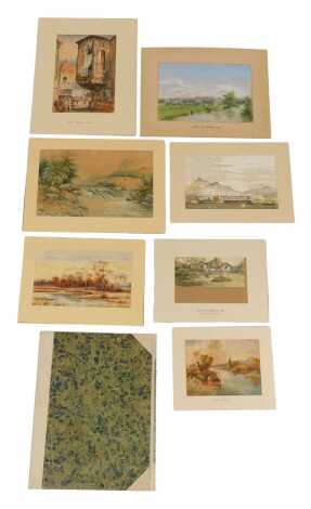 A portfolio containing 19thC and later pictures, to include Dutch market scene, watercolour, unsigned, 37cm x 24.5cm, pastel of Stour at Dedham Vale, 27cm x 37cm, waterfall scene, etc. (a quantity)