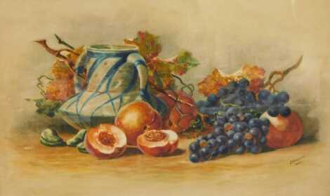 J Clayton (early 20thC School). Still life depicting two handled blue and white vase amongst fruit, watercolour, signed and dated 1923, 40cm x 64cm.