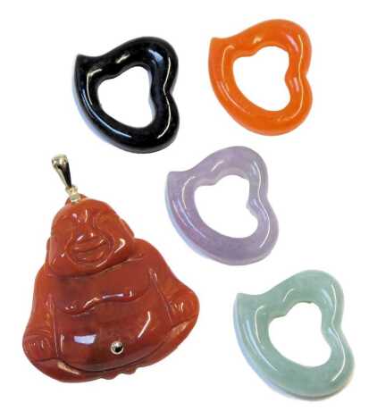 An agate seated Buddha pendant, and four hardstones, of carved abstract heart form. (5)