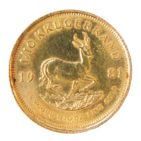 A gold 1/10th krugerrand 1981, 3.4g.