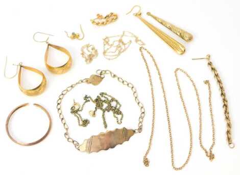 A group of gold and gold plated jewellery, including earrings and neck chains, 14.5g all in. (a quantity)