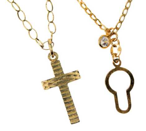 A 9ct gold cross pendant, on an oval link neck chain, with bolt ring clasp, and a 9ct gold curb link bracelet, with key lock pendant and single stone, 3.8g.