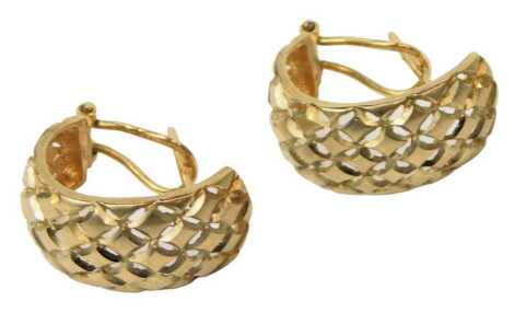 A pair of 9ct gold half hoop earrings, of open basket weave form, 4.1g.