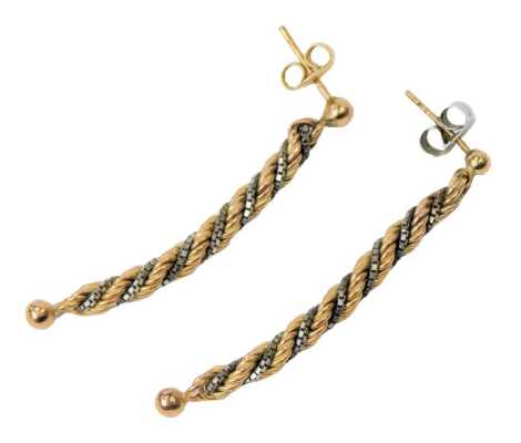 A pair of bi-colour rope twist drop earrings, in yellow and white metal, 2.5g.