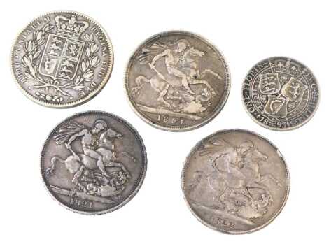 Four silver crowns, comprising a George IV1822, George IV 1821, Queen Victoria 1847 and 1894, together with a Queen Victoria 1893 florin, 122.8g.