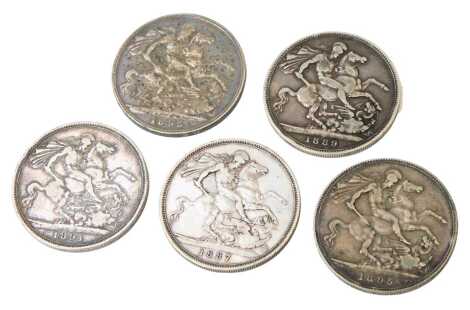 Five Victorian silver crowns, 1889, 1895 (2), 1891 and 1887, 139g.