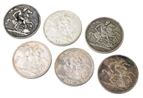 Six Queen Victorian silver crowns, 1897, 1892, 1890, 1893, 1900 and 1899, 167.5g.