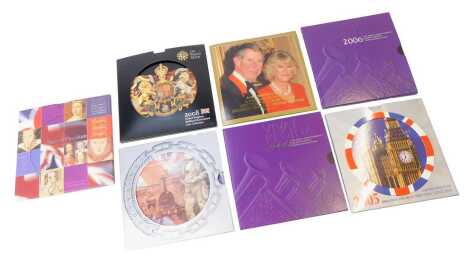 Royal Mint Commemorative coin sets, comprising 2002 and 2005 Brilliant Uncirculated Coin Collections, two 2006 Elizabeth II 80th Birthday crowns, Brunel Coin Set, Prince Charles and Camilla Parker Bowles celebration medal, and a 2008 Brilliant Uncirculate