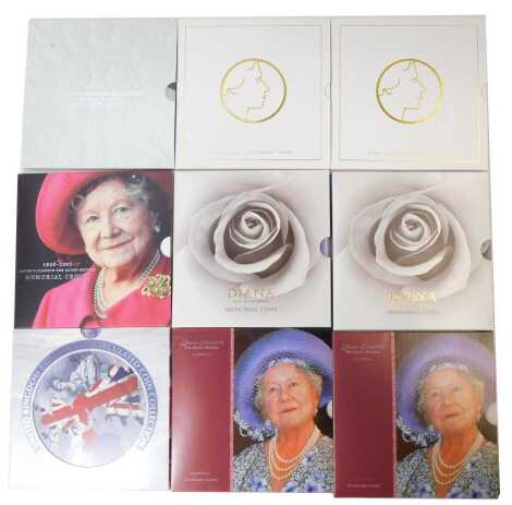 Commemorative coinage, comprising a 2007 Brilliant Uncirculated Coin Set, two Queen Elizabeth The Queen Mother Centenary crowns, two Diana Princess of Wales commemorative crowns, Queen Elizabeth The Queen Mother 1900-2002 Memorial crown, two Coronation 20