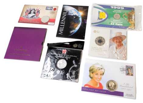 Commemorative coinage, comprising a Millennium 2000 five pound coin, a 2012 Olympics five pound coin, an Elizabeth II Golden Jubilee crown, etc.