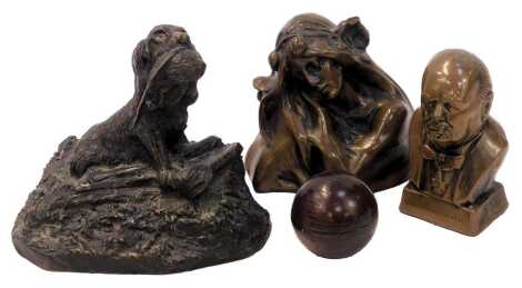 After Hans Muller. A bronzed sculpture depicting lady in Art Nouveau style, signed, 12cm high, together with after RA Pickering, bronzed bust of Winston Churchill, signed, 12cm high, an inkwell modelled as a cricket ball, and a resin figure group depictin