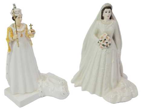 A Coalport porcelain figure modelled as Her Majesty Queen Elizabeth II to Celebrate Her Diamond Jubilee 2012, C001, together with a Royal Worcester porcelain figure of Queen Elizabeth II, Diamond Wedding Anniversary figure.