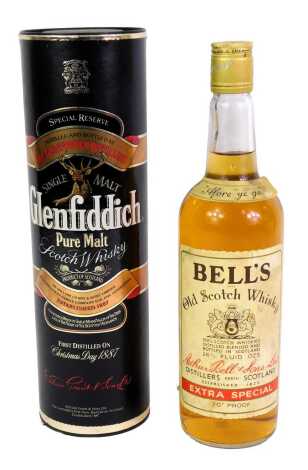 A bottle of Glenfiddich Pure Malt Scotch whisky, special reserve, 40% vol, 75cl, boxed, together with a bottle of Bell's Old Scotch whisky.