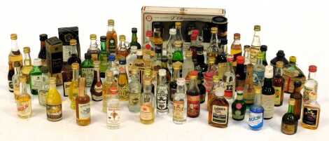 A group of alcohol miniatures, including Glenfiddich, Johnnie Walker Black Label, gin, rum and others. (1 tray)