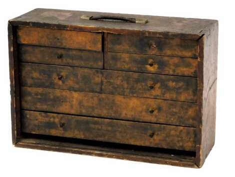 A wooden carpenter's tool chest and contents, including drill bits, chisels, lathe parts, etc., 43cm high, 61cm wide, 22cm deep. (1 box)