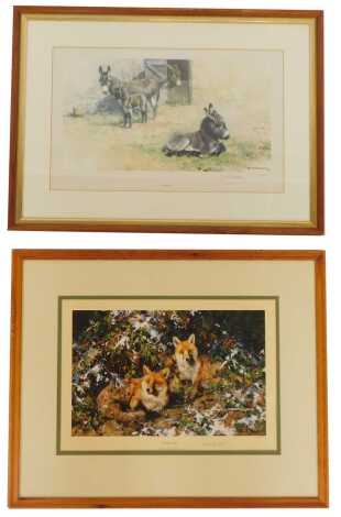 After David Shepherd. Donkeys, signed limited edition print number 247/850, 22cm x 48cm, together with Winter Foxes, signed limited edition print number 869/1500, 23cm x 34.5cm.