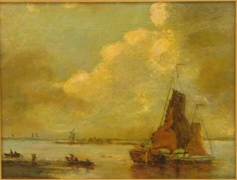 Late 19th/early 20thC School. Fishing boats on calm waters with windmill to background, oil on board, unsigned, 29.5cm x 37cm.