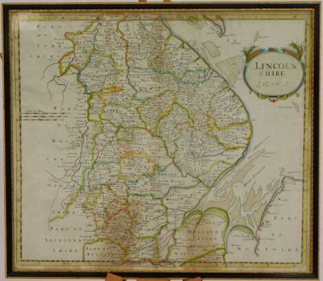 After Robert Morden. Map of Lincolnshire, hand coloured engraving, 37.5cm x 42.5cm.