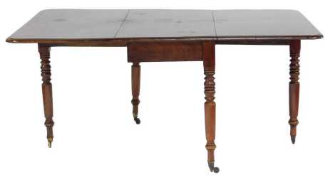 A 19thC mahogany drop leaf dining table, on turned cylindrical legs with brass castors, 92cm high, 114cm wide, 49cm deep, 160cm extended.