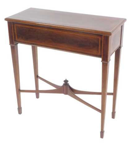 An Edwardian mahogany and inlaid side table, the rectangular top with a moulded edge, on square tapering legs and spade feet, united by an X-shaped stretcher, 78cm high, 73cm wide, 31cm deep.