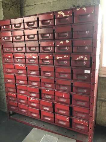 A red steel parts bin cabinet, 104cm high, 92cm wide, 33cm deep.