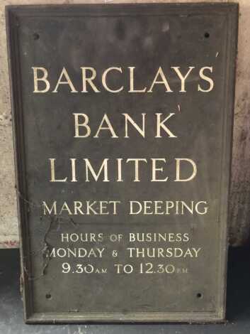 A bronze Barclays Bank Market Deeping sign, 45cm x 31cm.