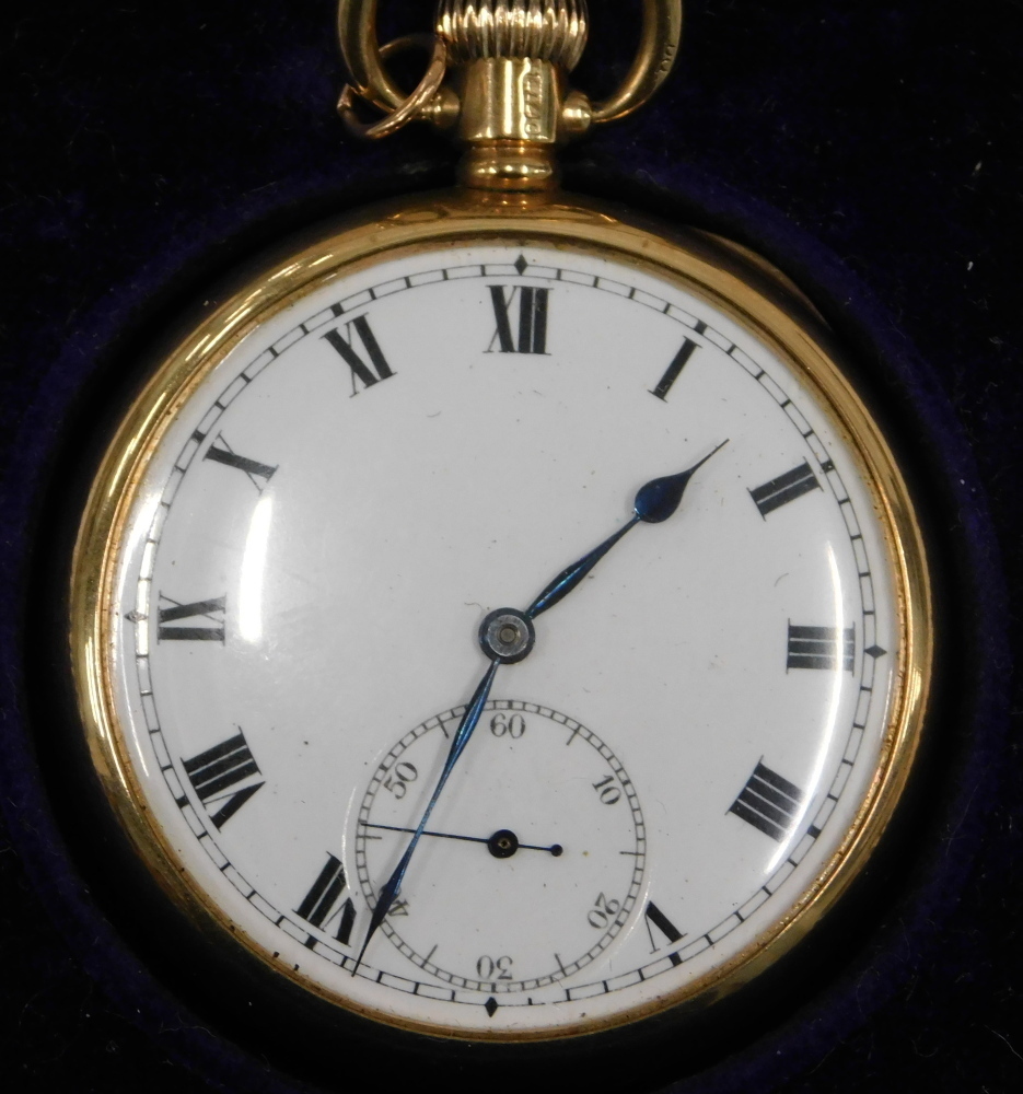 Numeric Watch A 9ct gold pocket watch, with white enamel Roman numeric dial, blue ...