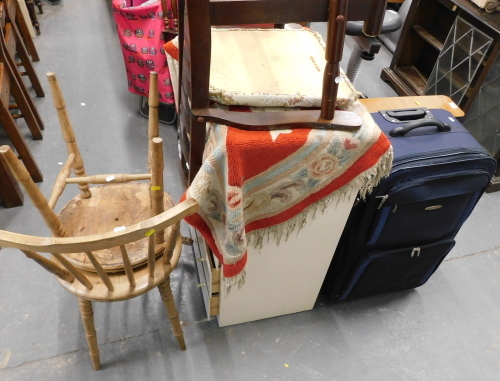 Assorted furniture, comprising suitcase, drop leaf table, rug, three various chairs, glass nest of tables, two retro style coffee tables, two collapsible pine stools, painted five drawer chest, Christmas tree, shopping trolley, corner whatnot, and a corne