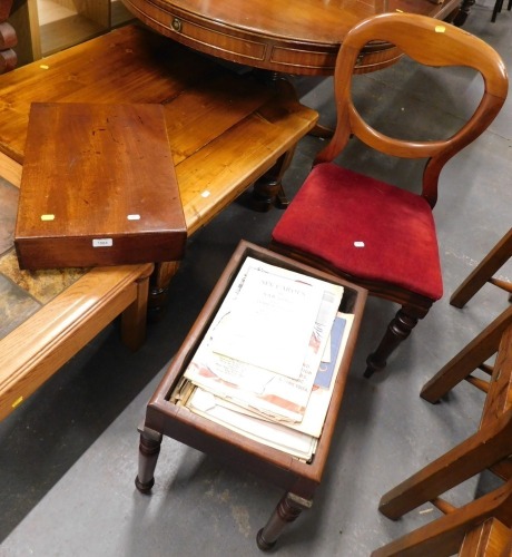 A pine coffee table, Georgian bidet (adapted to stool), sheet music and a balloon back dining chair. (3)