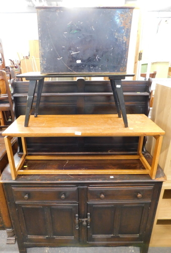 An oak dresser, a tin trunk, and two side tables. (4)