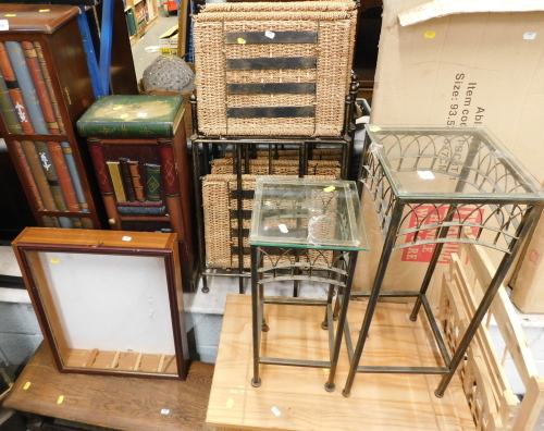 A group of assorted furniture, comprising two painted novelty bookcases, display cabinet, low stool, nest of three tables, folding cane chairs, and two side tables.