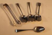 Four 19thC silver teaspoons and a pair of silver sugar tongs
