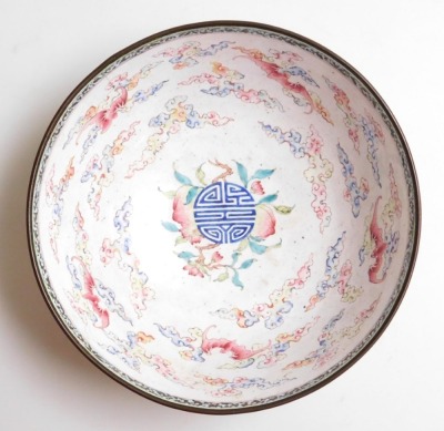 A fine 18thC Qianlong period Chinese polychrome enamel bowl, decorated in delicate famille rose colours with bats, peaches and a long life symbol to the interior; and with scrolling peonies on an Imperial yellow ground to the exterior, the base with phoe - 5