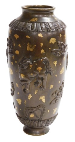 An 18thC Qianlong dynasty Chinese gold splashed ovoid bronze vase, the body with appliqués of mythical animals and clouds with raised petals between lappet bands, 34cm high. Provenance: The John and Margaret Rankine Collection. Accompanied with a copy o