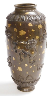 An 18thC Qianlong dynasty Chinese gold splashed ovoid bronze vase, the body with appliqués of mythical animals and clouds with raised petals between lappet bands, 34cm high. Provenance: The John and Margaret Rankine Collection. Accompanied with a copy o - 2