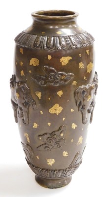 An 18thC Qianlong dynasty Chinese gold splashed ovoid bronze vase, the body with appliqués of mythical animals and clouds with raised petals between lappet bands, 34cm high. Provenance: The John and Margaret Rankine Collection. Accompanied with a copy o - 4