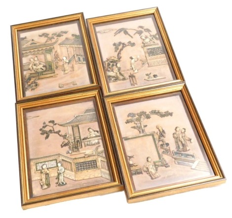 A set of four 18thC Chinese carved soapstone appliqué panels, detailed in relief with landscapes, pavilions and figures, mounted on silk, each 25cm x 18cm. Provenance: The John and Margaret Rankine Collection. Accompanied with a copy of the purchase invo