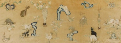 An early 18thC Chinese silk panel, embroidered in colours with animals, flowers, mythical beasts and precious objects, on a beige ground, central panel being 31cm x 86cm, with a further 6cm border of later date. Provenance: The John and Margaret Rankine C