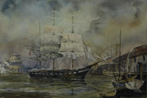 Robert Riddell. Mast ship in harbour, watercolour, signed, 37cm x 55cm.